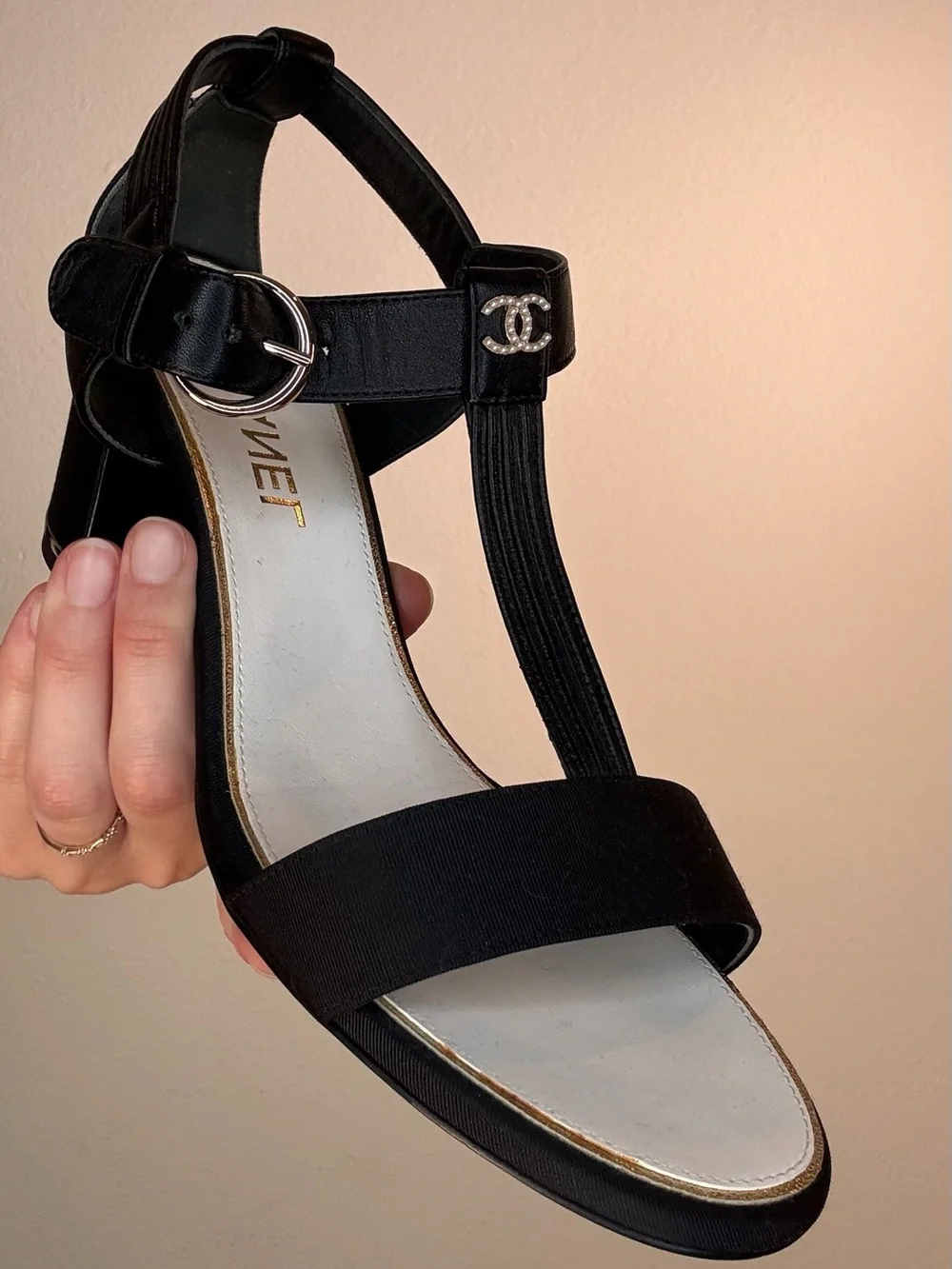CHANEL Black T-Strap Heel w/ Faux Pearl CC Logo